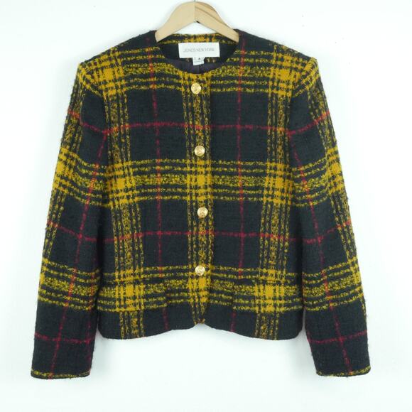 Jones New York Jackets & Blazers - Vintage Size 4 Jacket Crop Blazer 90s Elegant Luxury Plaid Yellow Black Tweed